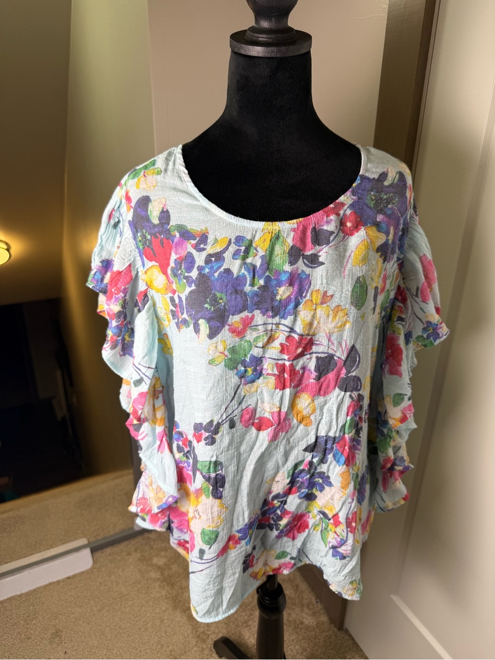 Zac & Rachel Ruffle Sleeve Floral Blouse Colorful Scoop Neck Flowy Spring XL